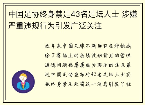 中国足协终身禁足43名足坛人士 涉嫌严重违规行为引发广泛关注